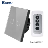 Esooli 1/2 Gang 1 Way Wireless Remote Control Touch Switch 4 Color LED light Wall Light Switch With Crystal Glass Panel | Fugo Best