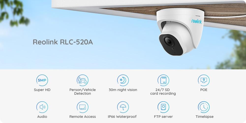 Reolink Smart Security Camera 5MP PoE Outdoor Infrared Night Vision Dome Cam Featured with Person/Vehicle Detection RLC-520A | Fugo Best