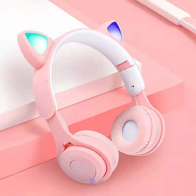 Pink Girl Wireless Headphones RGB Cute Cat Ears Headset With Microphone Noise Cancelling Kid Stereo Music Cat Childrens Gifts | Fugo Best