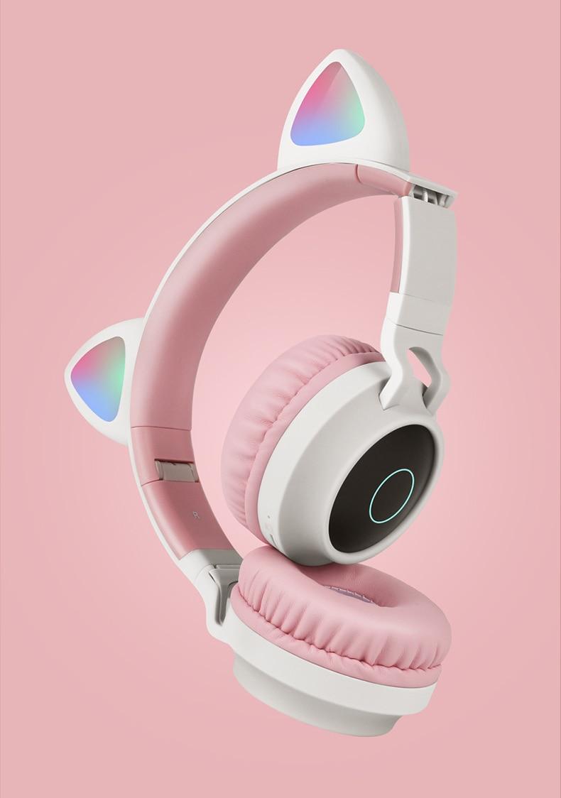 Pink Girl Wireless Headphones RGB Cute Cat Ears Headset With Microphone Noise Cancelling Kid Stereo Music Cat Childrens Gifts | Fugo Best