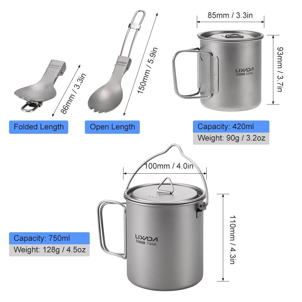 Lixada Titanium Pot Camping Water Cup Mug Lightweight Titanium 750ml Pot 350ml Water Cup Mug Camping Spork Outdoor Tableware | Fugo Best