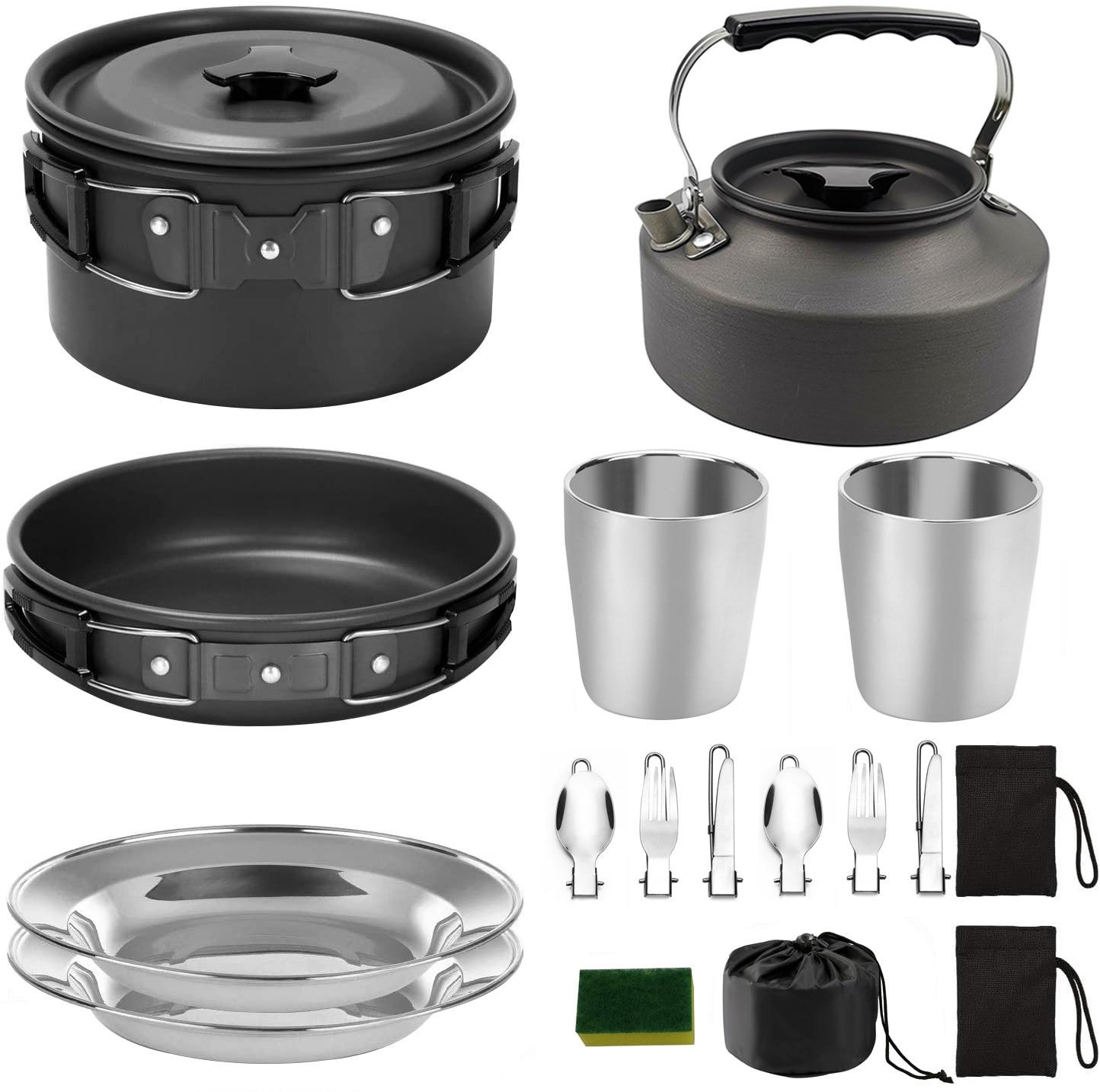 Camping Cookware Set Portable Outdoor Cooking Supplies Pot Pan Kettle Cups Plates Flatware Tableware Mess Kit for 2 People | Fugo Best