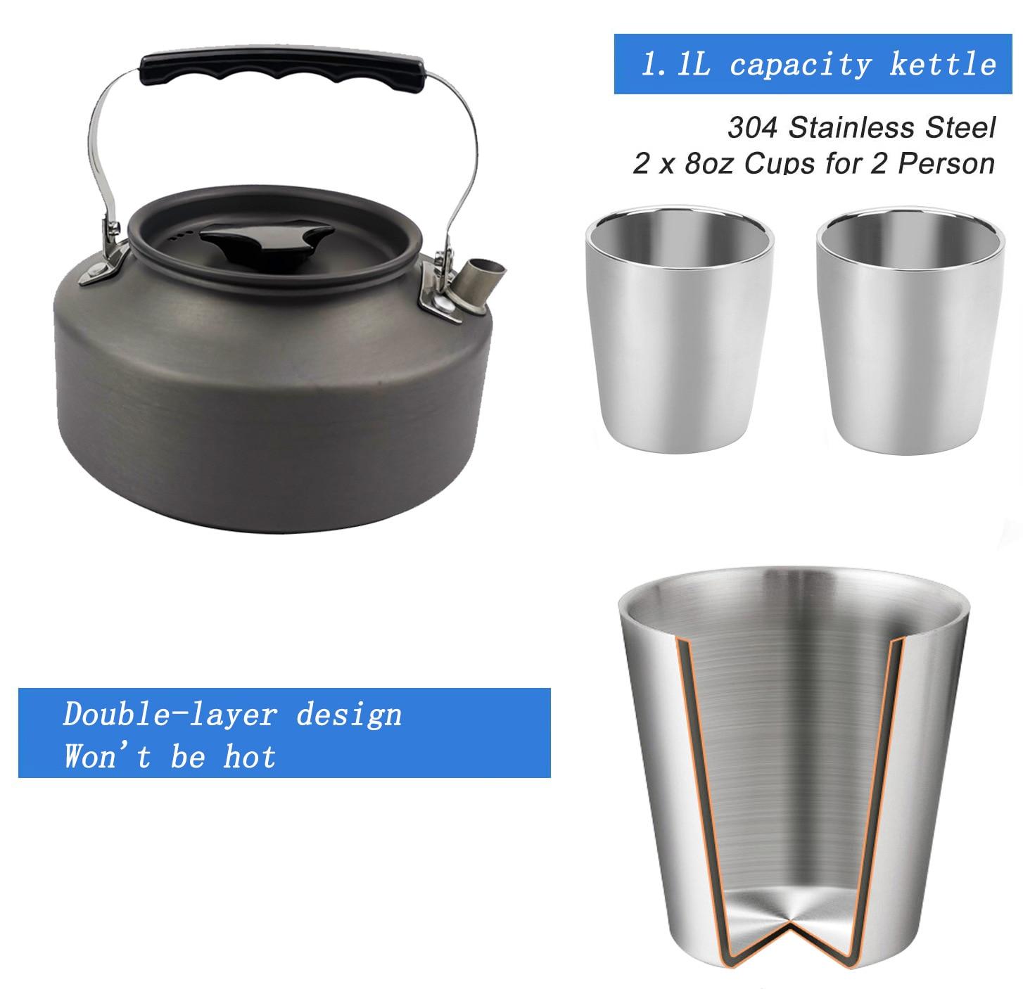 Camping Cookware Set Portable Outdoor Cooking Supplies Pot Pan Kettle Cups Plates Flatware Tableware Mess Kit for 2 People | Fugo Best