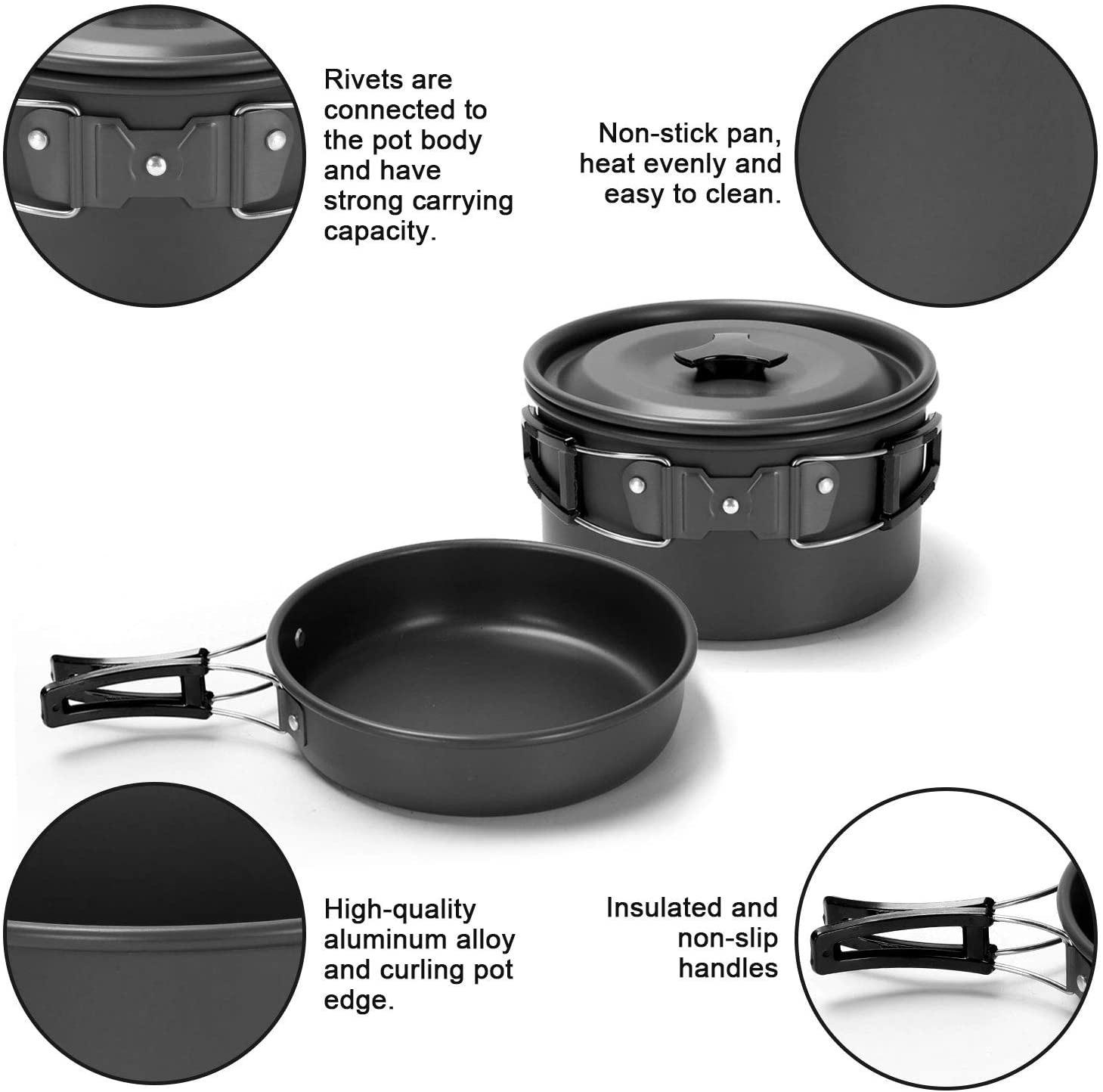 Camping Cookware Set Portable Outdoor Cooking Supplies Pot Pan Kettle Cups Plates Flatware Tableware Mess Kit for 2 People | Fugo Best