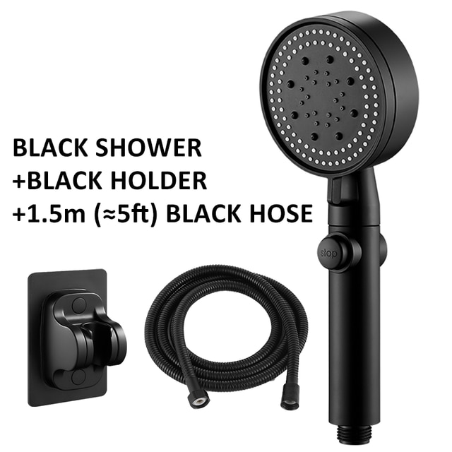 5 Mode Adjustable High Pressure Shower One-key Stop Water Massage Shower Head Water Saving Black Shower Bathroom Accessories | Fugo Best