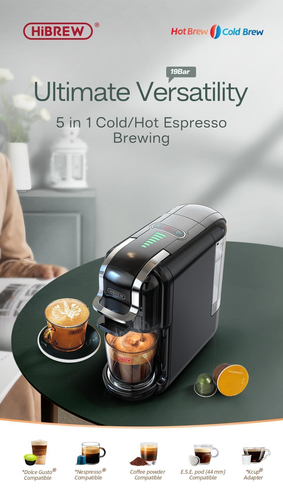 HiBREW Multiple Capsule Coffee Machine, Hot Cold Dolce Gusto Milk Nespresso Capsule ESE Pod Ground Coffee Cafeteria 19Bar 5 in 1 | Fugo Best