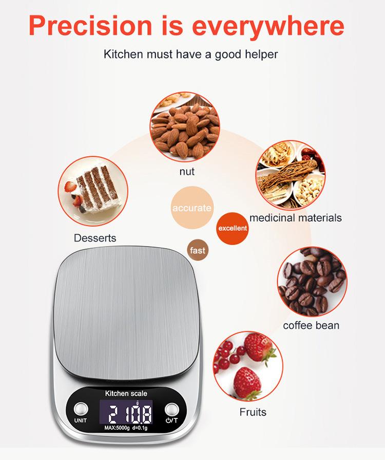 Household Kitchen Scale Electronic Food Scale Baking Scale Measuring Tool Stainless Steel Platform With Lcd Display 5kg/ 0.1g | Fugo Best