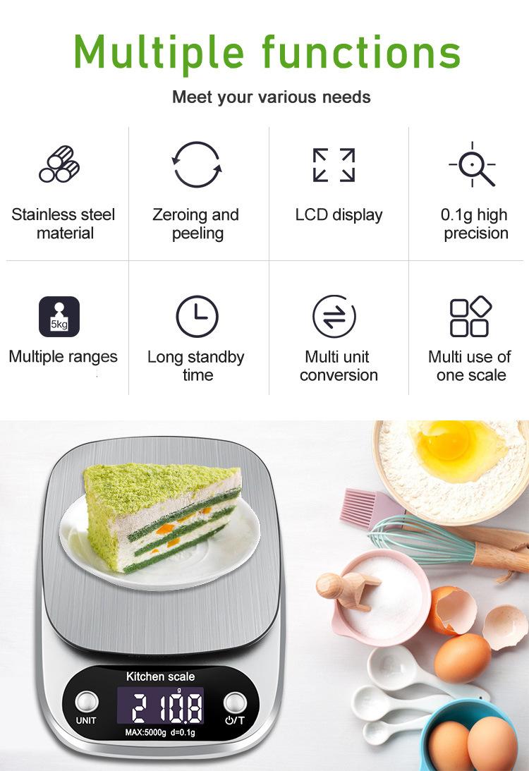 Household Kitchen Scale Electronic Food Scale Baking Scale Measuring Tool Stainless Steel Platform With Lcd Display 5kg/ 0.1g | Fugo Best