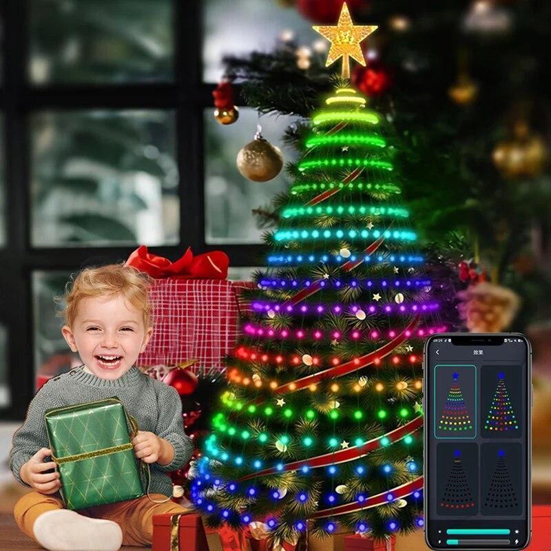 RGB IC Christmas Tree Light DIY APP Bluetooth Multicolor Fairy LED Star  String Light Waterfall Xmas Home Yard Holiday Party Deco