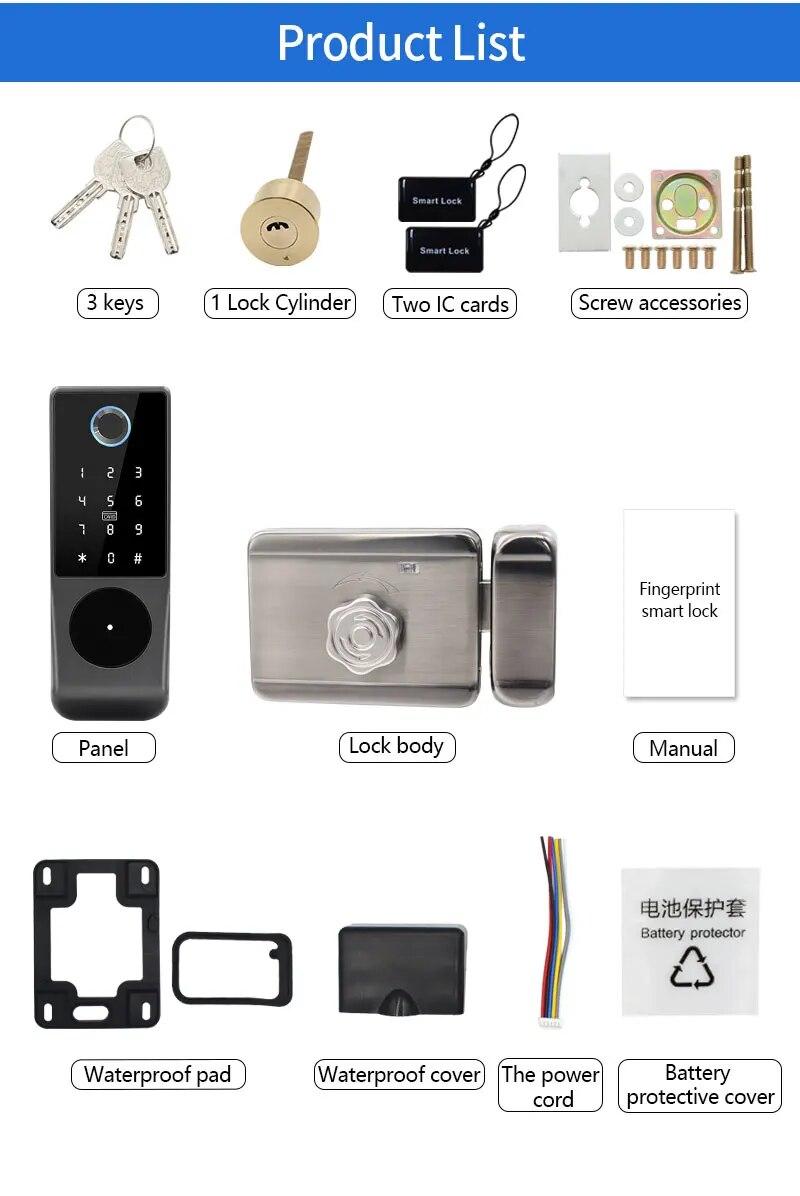 IP65 Waterproof Wifi Tuya App Fingerprint Smart Door Lock Outdoor Gate Password RFID Card Rim bolt Lock echanical Key with Alexa | Fugo Best