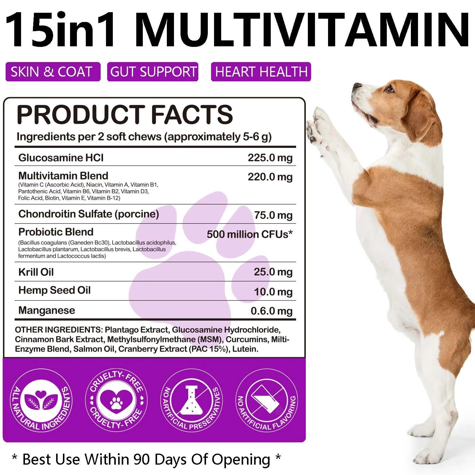 15 in 1 Dog Multivitamin Supplements dog food treats snacks, Immunity, Digestion, Joint and Heart Health Support 150 SOFT CHEWS | Fugo Best