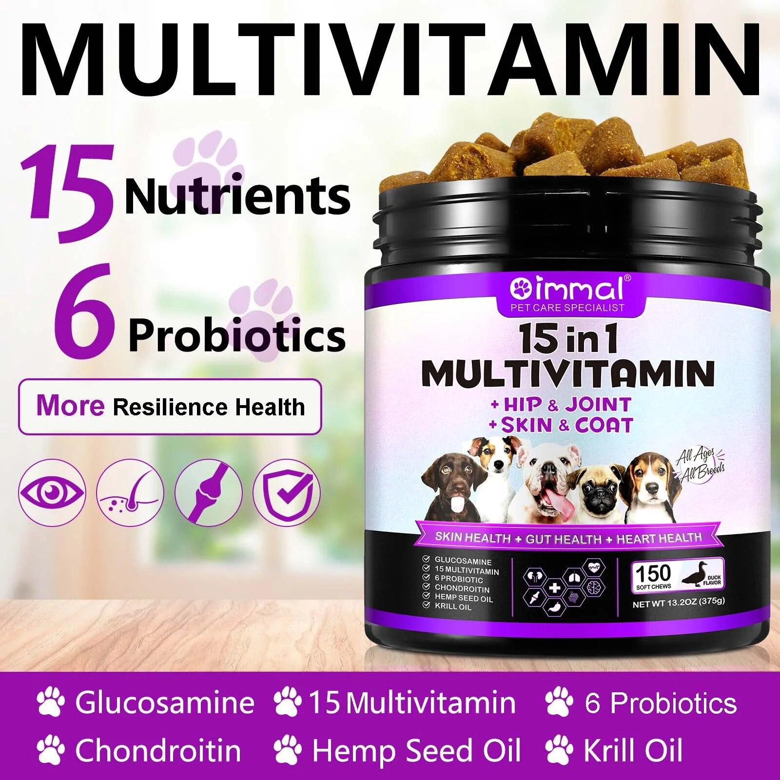 15 in 1 Dog Multivitamin Supplements dog food treats snacks, Immunity, Digestion, Joint and Heart Health Support 150 SOFT CHEWS | Fugo Best