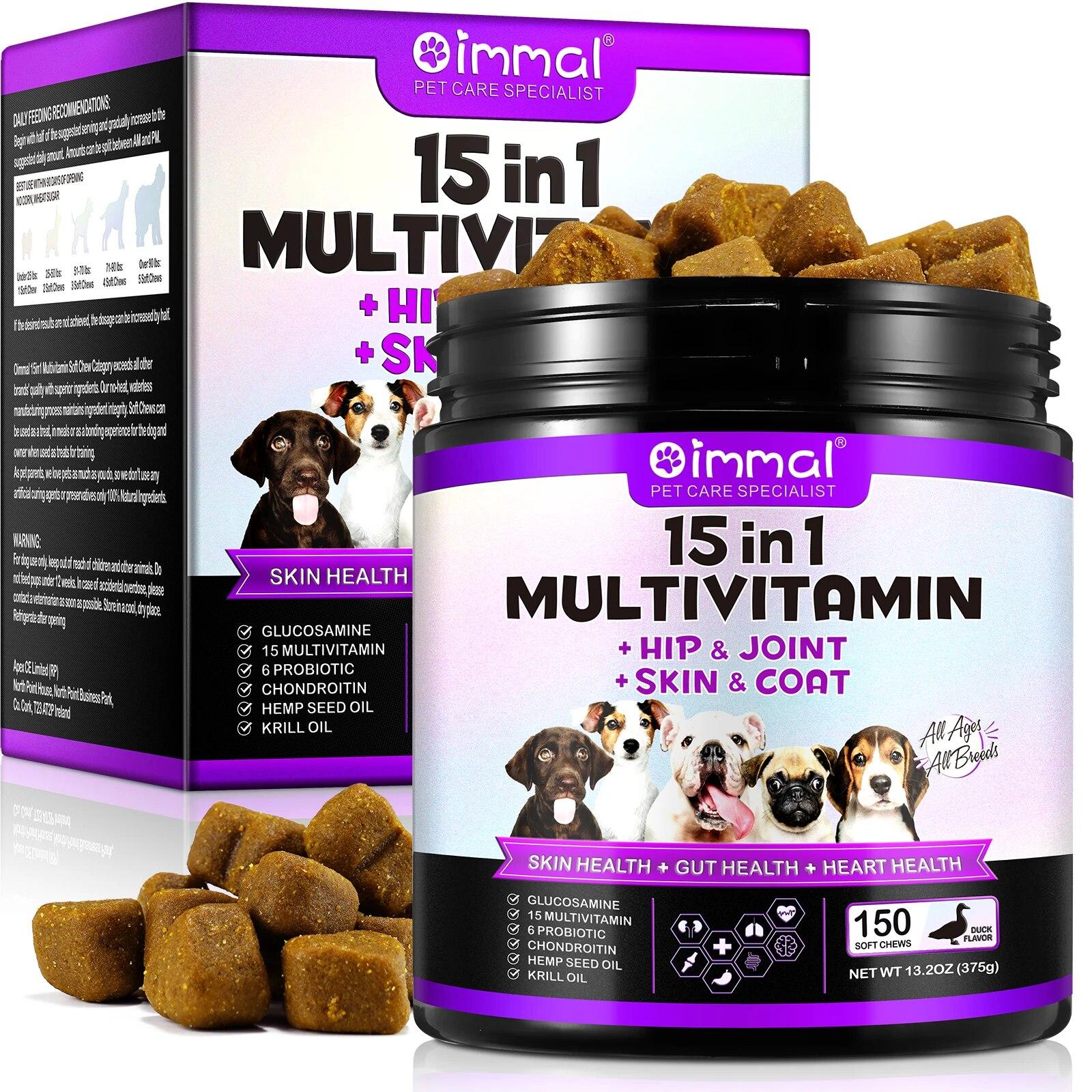 15 in 1 Dog Multivitamin Supplements dog food treats snacks, Immunity, Digestion, Joint and Heart Health Support 150 SOFT CHEWS | Fugo Best