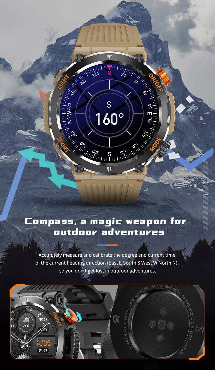 New Mens Smartwatch Compass Outdoor Sports Emergency Light IP67 Waterproof Bluetooth Call Full Touch Screen Smartwatch Men 2023 | Fugo Best