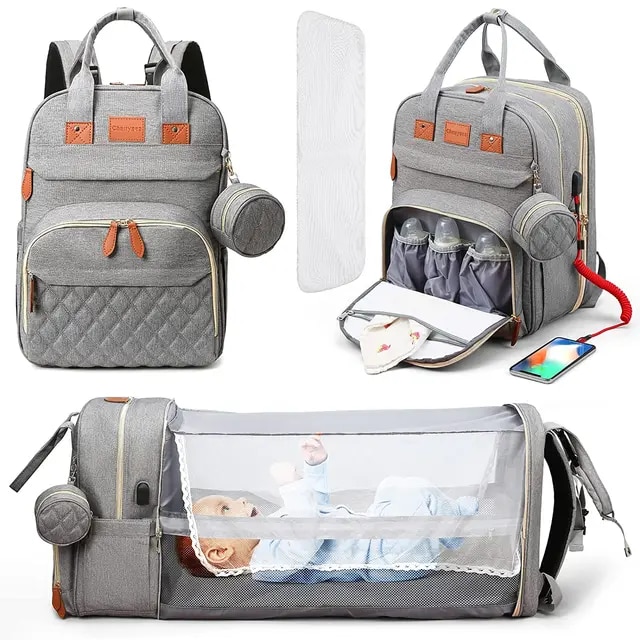 3 In 1 Diaper Bag Backpack Foldable Baby Bed Waterproof Travel Bag with USB Charge Diaper Bag Backpack with Changing Bed 3 types | Fugo Best