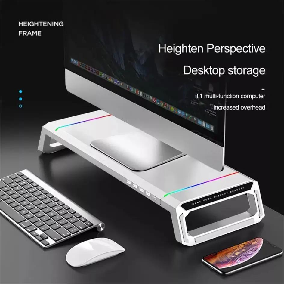 RGB Monitor Stand 4 USB Charging Desk Organizer Bracket Computer Monitor Holder Keyboard Riser | Fugo Best