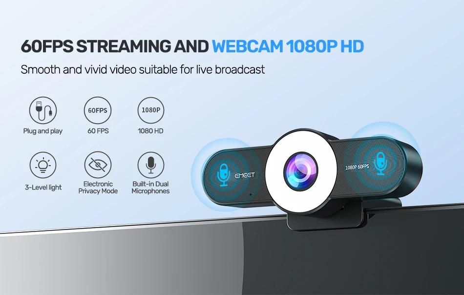 Webcam 1080P 60FPS Web Camera Autofocus Streaming EMEET C970L with Microphones & Ring Light for PC/Zoom/Skype/Tiktok/Mac | Fugo Best