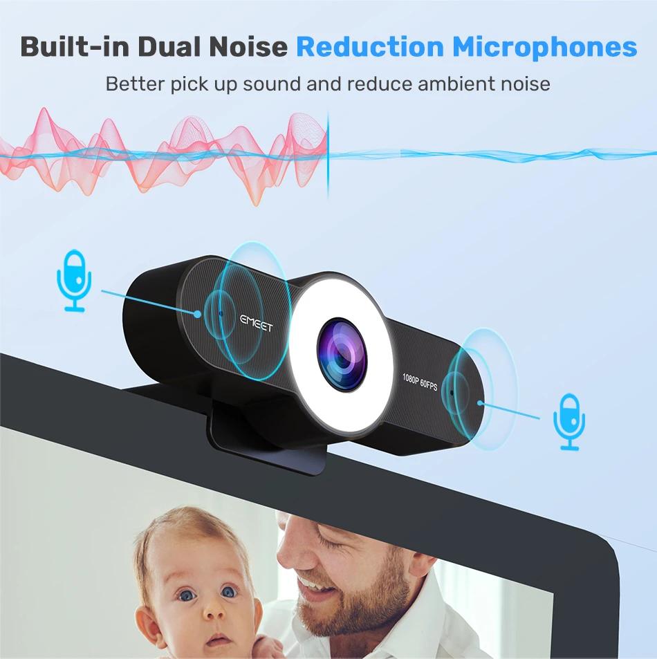 Webcam 1080P 60FPS Web Camera Autofocus Streaming EMEET C970L with Microphones & Ring Light for PC/Zoom/Skype/Tiktok/Mac | Fugo Best