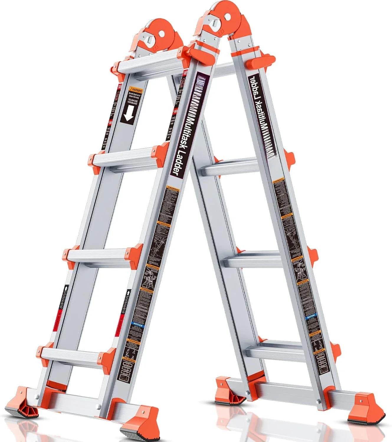 Ladder, A Frame 4 Step Ladder Extension, 14 FT Anti-Slip Multi Position Storage Folding Ladder 330 lbs Security Load Telescoping | Fugo Best