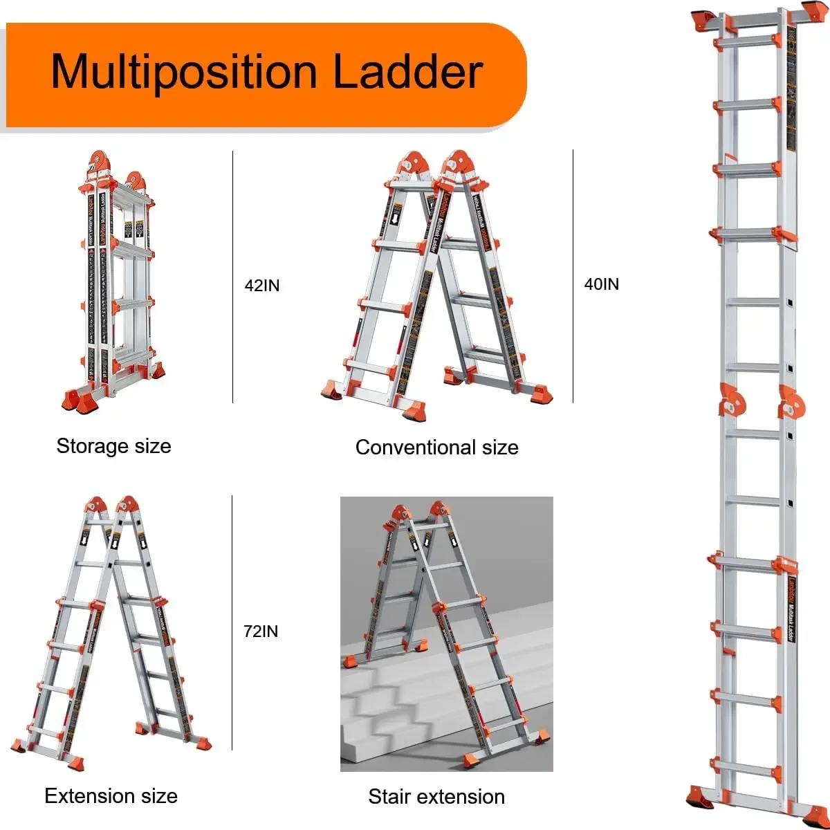 Ladder, A Frame 4 Step Ladder Extension, 14 FT Anti-Slip Multi Position Storage Folding Ladder 330 lbs Security Load Telescoping | Fugo Best