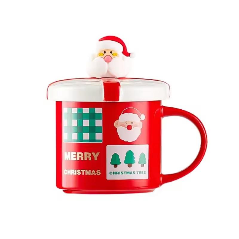 Christmas Mug With Lid and Spoon Santa Claus Ceramic Coffee Cup Elk Snowman Couple water cup Breakfast Dessert Milk Mug Xmas Gif | Fugo Best