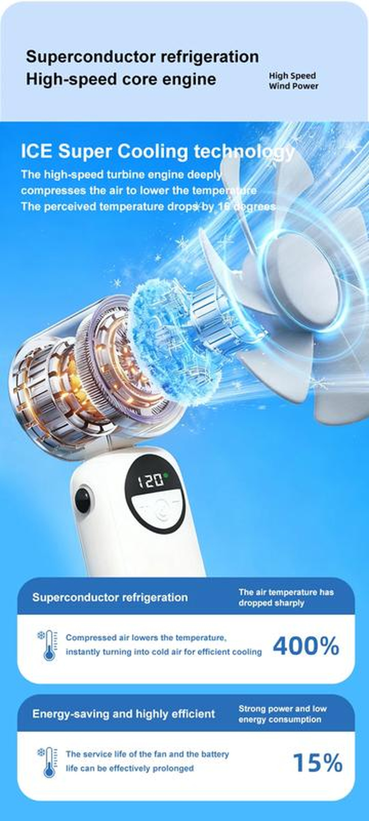  New Handheld Portable Cooling Fan 120 Speeds Adjustable Refrigeration Quite Mini Turbo Fan Type-C High Speed Cold Compress Fan | Fugo Best