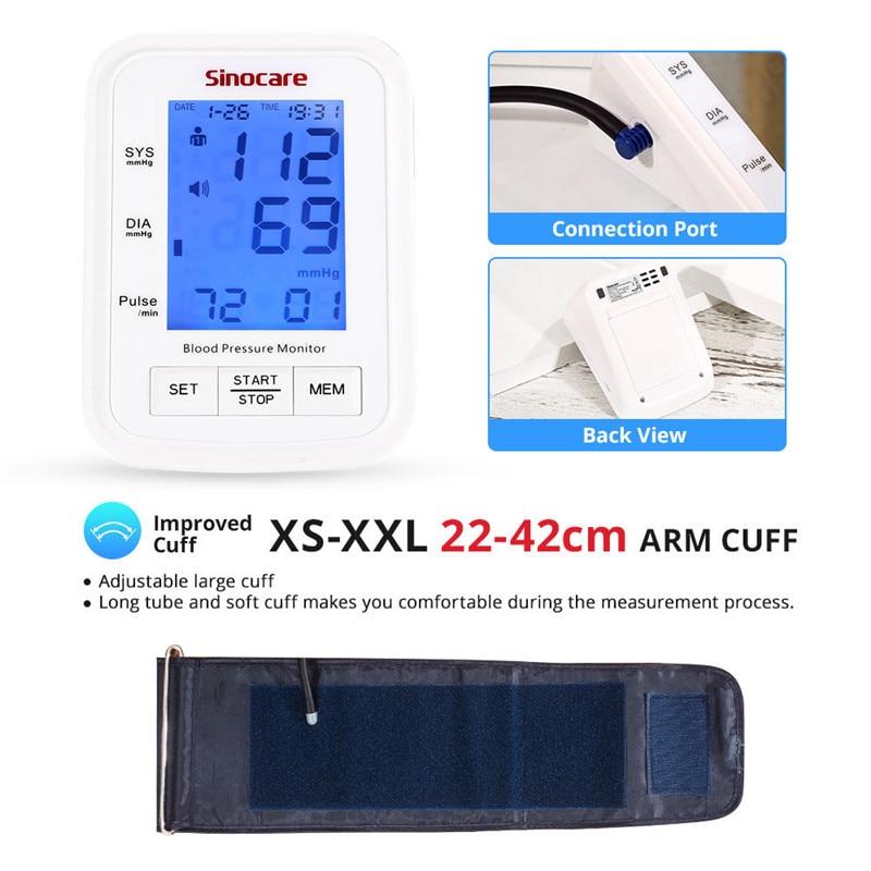 Sinocare Blood Pressure Monitor Tensiometer Upper Arm Automatic Digital BP Machine Pulse Heart Rate Meter 3 Color LCD Display | Fugo Best