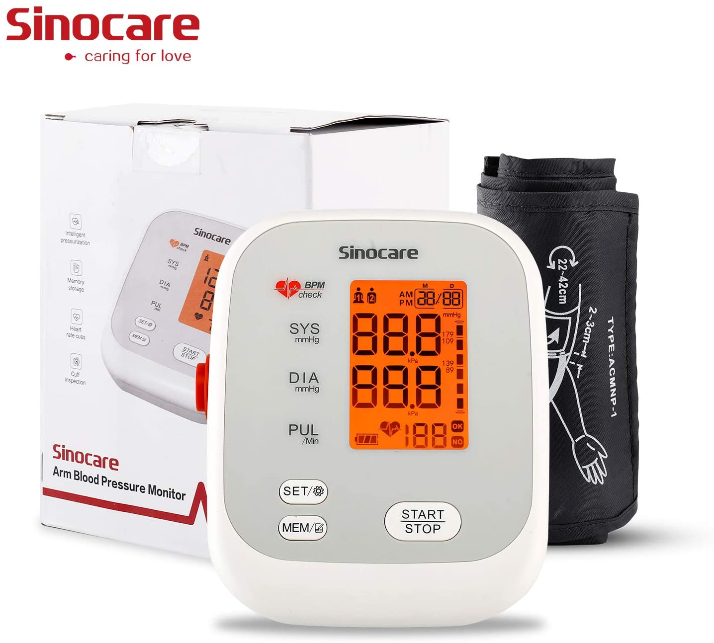 Sinocare Blood Pressure Monitor Upper Arm Tensiometer Automatic Digital BP Machine Sphygmomanometer Heart Rate Pulse 2x90 Memory | Fugo Best