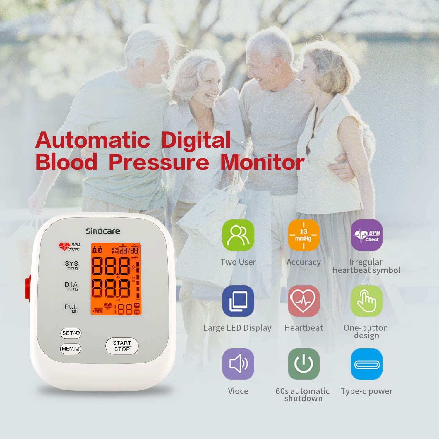 Sinocare Blood Pressure Monitor Upper Arm Tensiometer Automatic Digital BP Machine Sphygmomanometer Heart Rate Pulse 2x90 Memory | Fugo Best