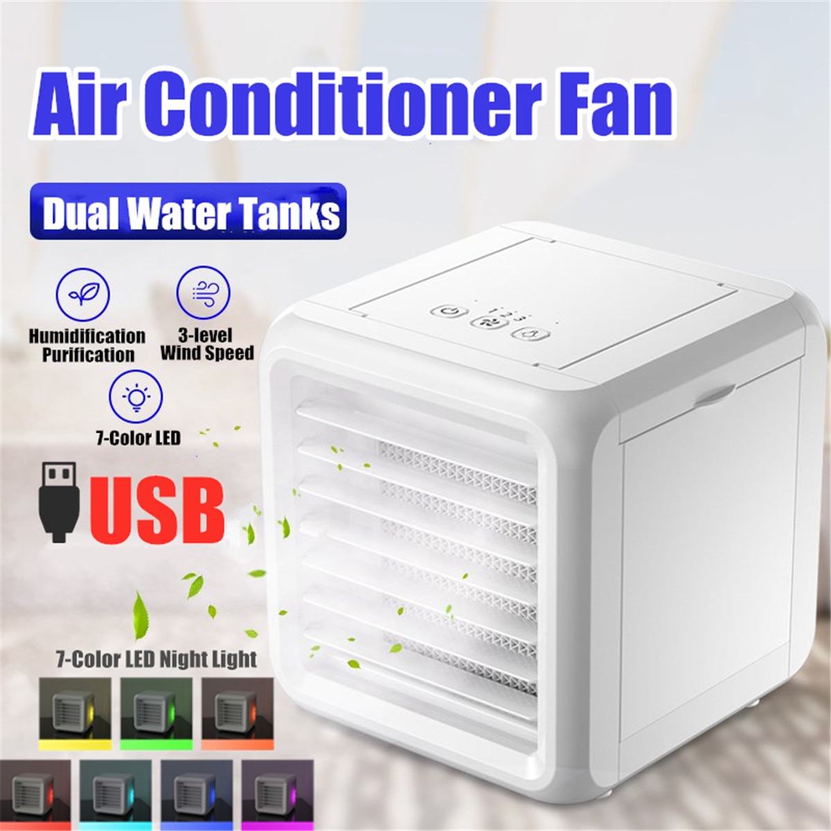 Mini Portable Air Conditioner 7 Colors Light Humidifier Purifier USB Desktop Cooler Fan With 2 Water Tanks For Office Room | Fugo Best