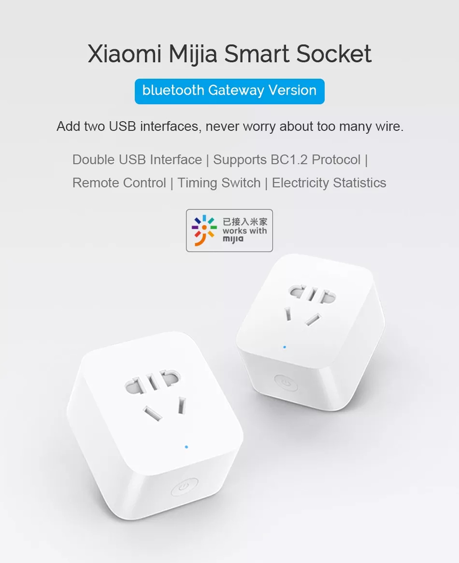 Xiaomi Mijia Smart Socket 2 Bluetooth Gateway Version Wireless Remote Control Adaptor Power On Off Work With Mihome APP | Fugo Best