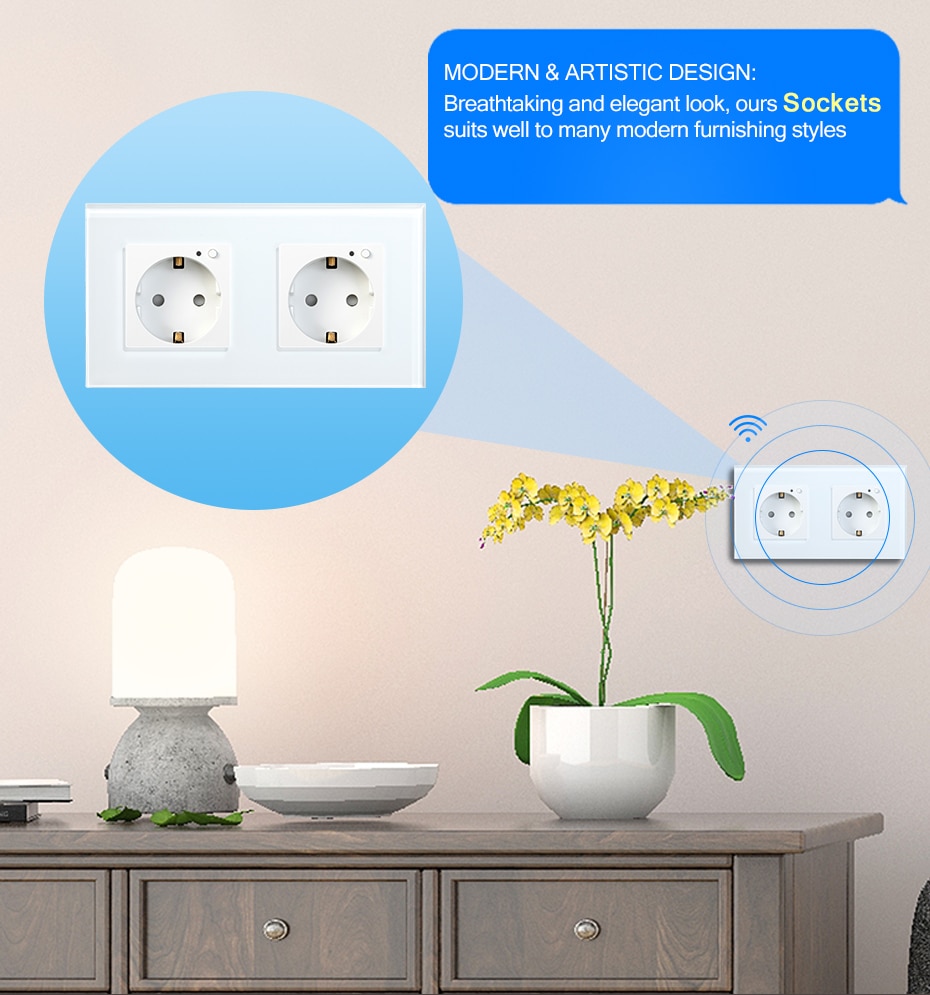 BSEED WiFi Smart Plug EU Wall Socket Power Monitor Timing Function Smart Life Tuya App Remote Control Glass Panel Blue Backlight | Fugo Best