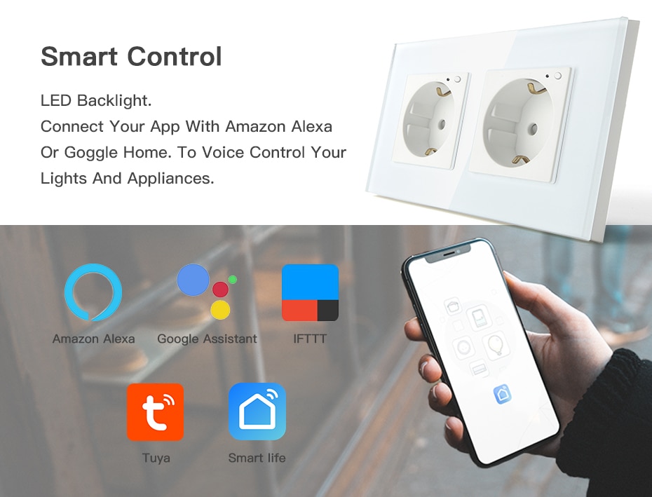 BSEED WiFi Smart Plug EU Wall Socket Power Monitor Timing Function Smart Life Tuya App Remote Control Glass Panel Blue Backlight | Fugo Best