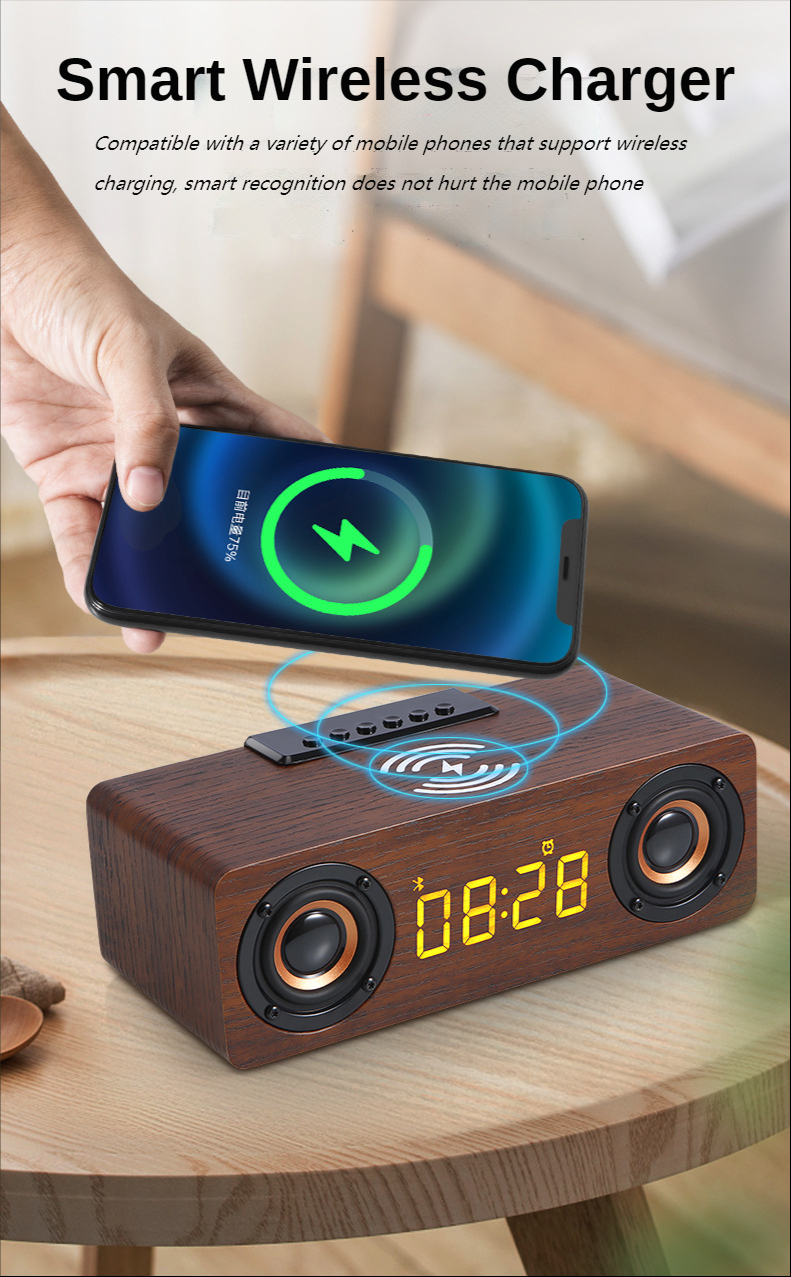 Fast Wireless Charger Wooden Wireless Bluetooth Speaker Alarm Clock with Subwoofer 3D Stereo boombox Sound bar for Computer TV | Fugo Best