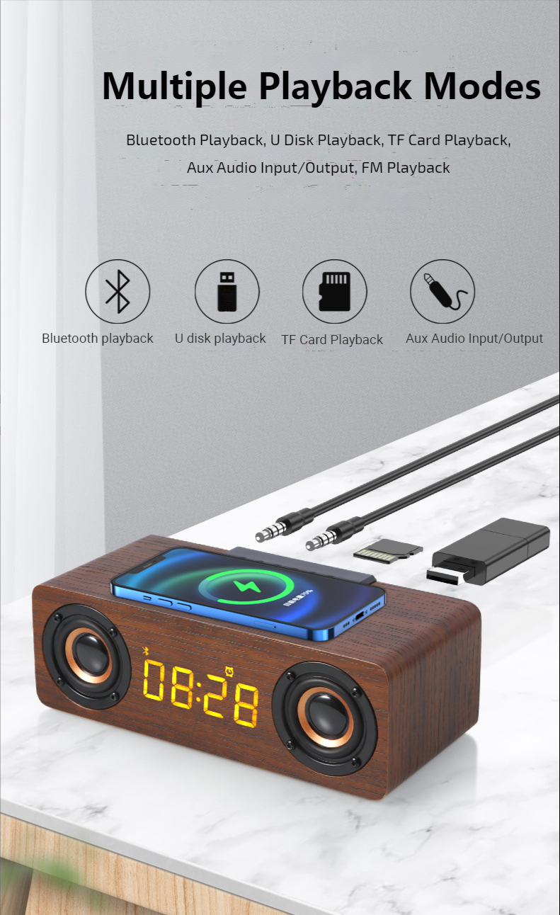 Fast Wireless Charger Wooden Wireless Bluetooth Speaker Alarm Clock with Subwoofer 3D Stereo boombox Sound bar for Computer TV | Fugo Best