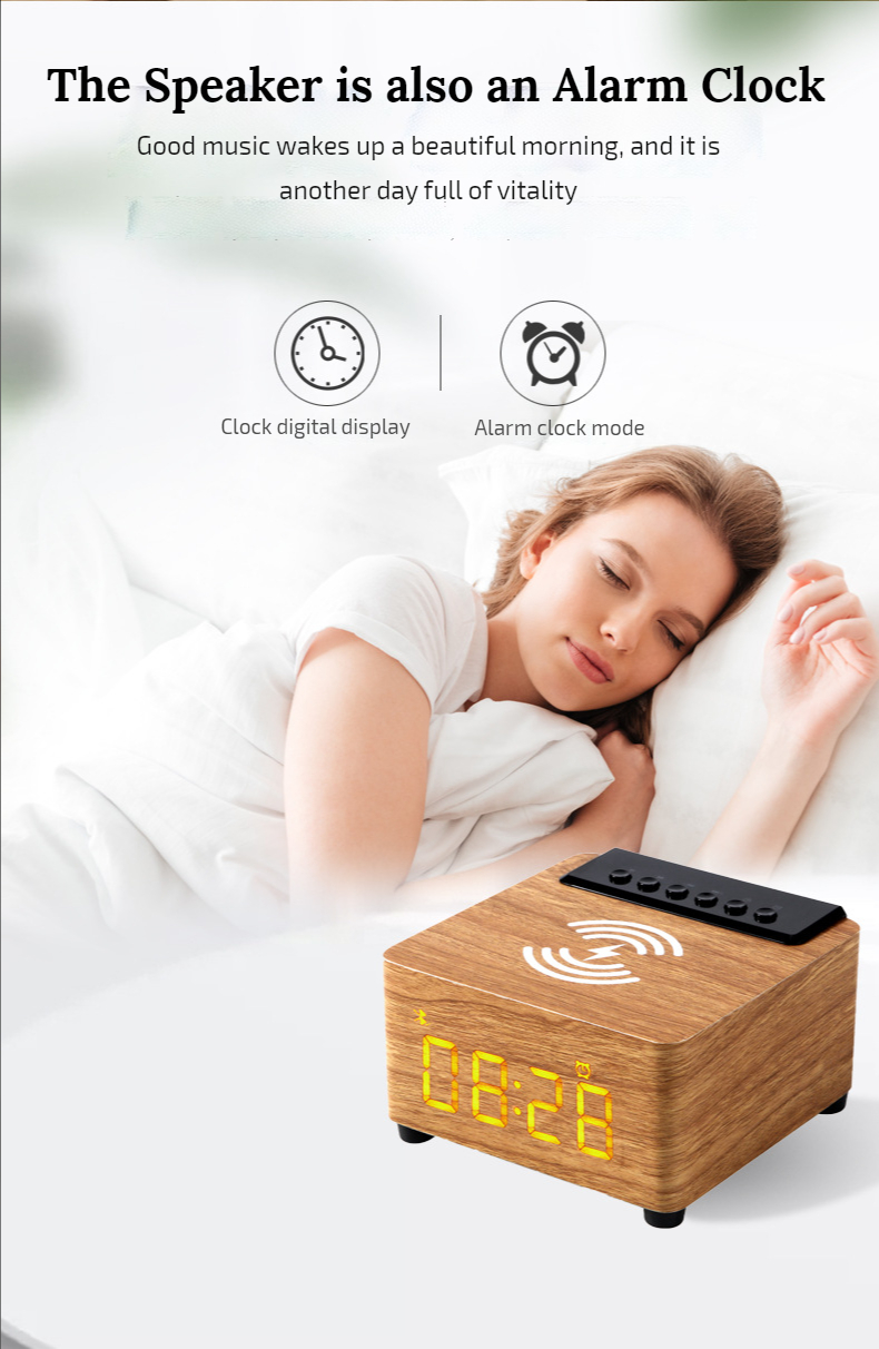 Alarm Clock Wooden Wireless Bluetooth 5.0 Speaker Fast Wireless Charger Surround 3D Stereo Boombox with Subwoofer Sound Box | Fugo Best