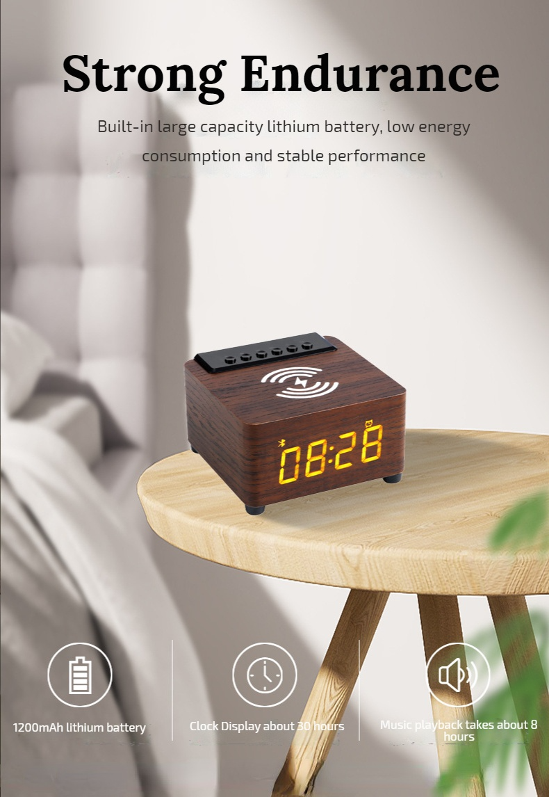 Alarm Clock Wooden Wireless Bluetooth 5.0 Speaker Fast Wireless Charger Surround 3D Stereo Boombox with Subwoofer Sound Box | Fugo Best