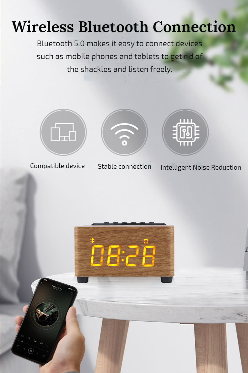 Alarm Clock Wooden Wireless Bluetooth 5.0 Speaker Fast Wireless Charger Surround 3D Stereo Boombox with Subwoofer Sound Box | Fugo Best