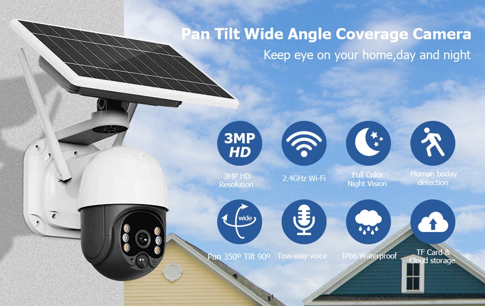 3MP Wireless WiFi Solar Powered Camera Outdoor Security Protection Surveillance CCTV 360 PTZ Smart Home PIR Motion Detection Cam | Fugo Best