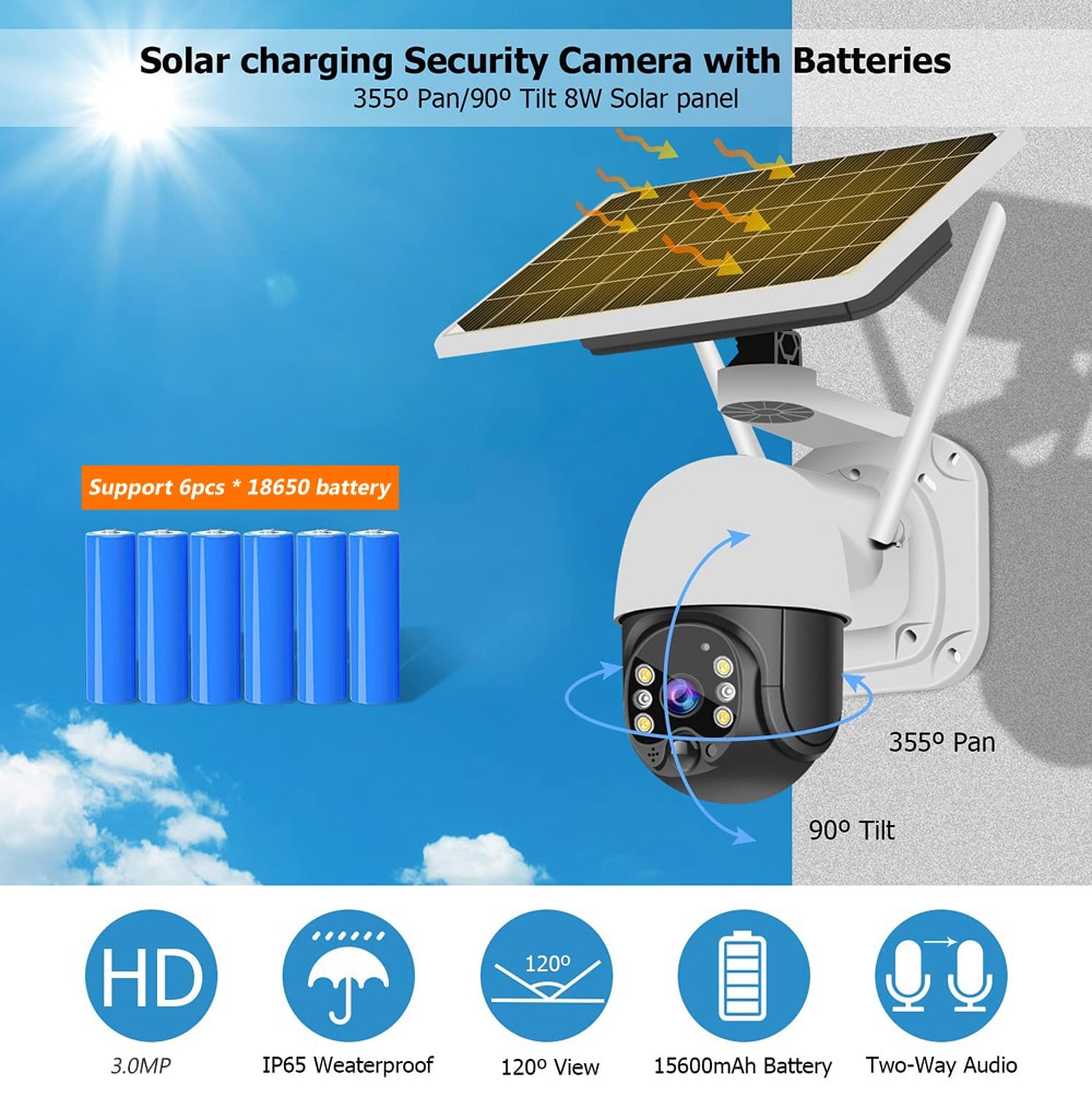 3MP Wireless WiFi Solar Powered Camera Outdoor Security Protection Surveillance CCTV 360 PTZ Smart Home PIR Motion Detection Cam | Fugo Best