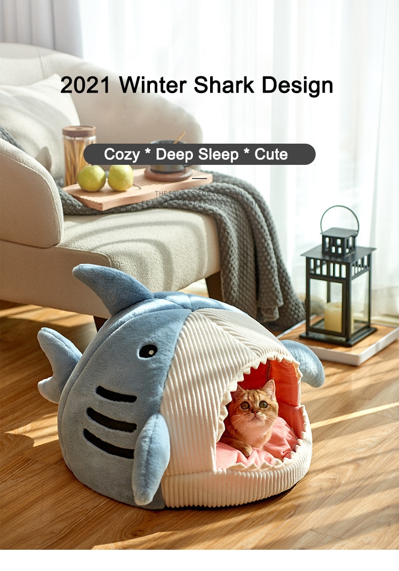 Shark Cat House Cute Pet Sleeping Bed Warm Soft Cat Nest Kennel Kitten Cave Washable Cat Lounger Cushion Cozy Tent Four Seasons | Fugo Best