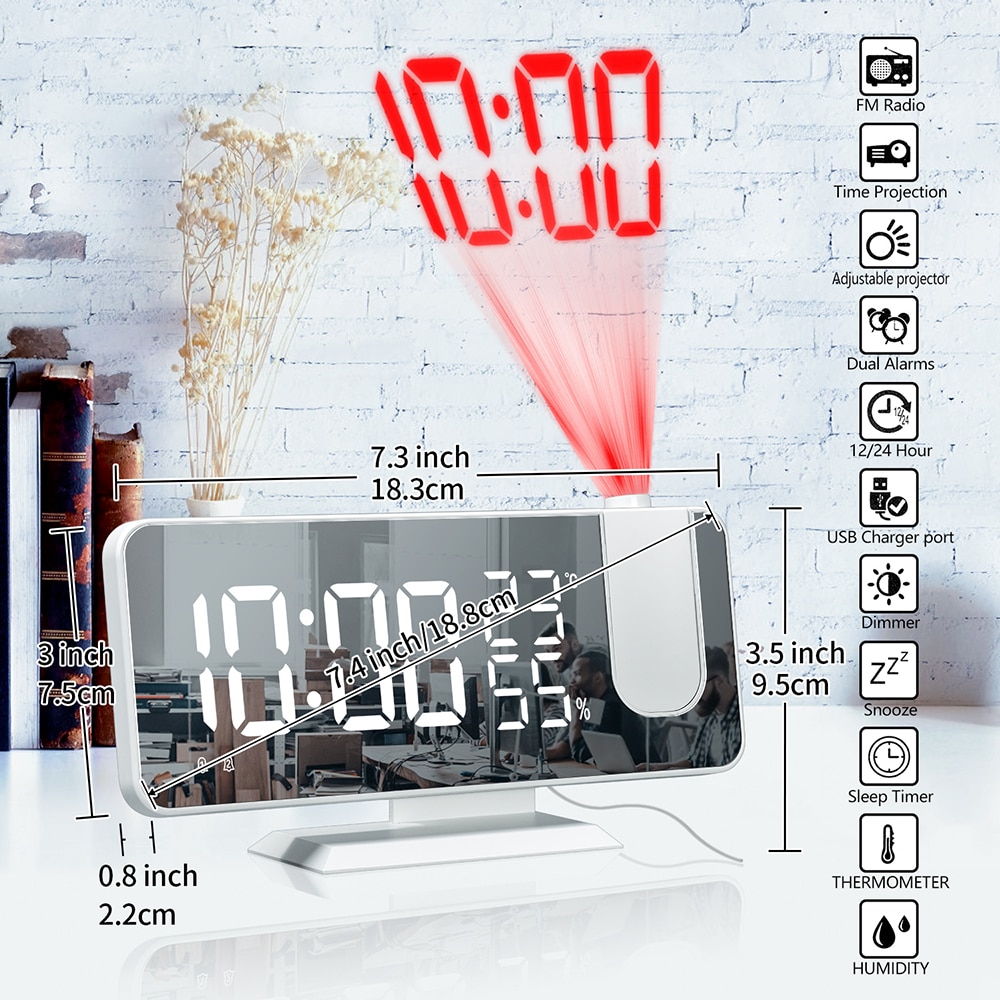 FM Radio LED Digital Smart Alarm Clock Watch Table Electronic Desktop Clocks USB Wake Up Clock with 180o Time Projection Snooze | Fugo Best