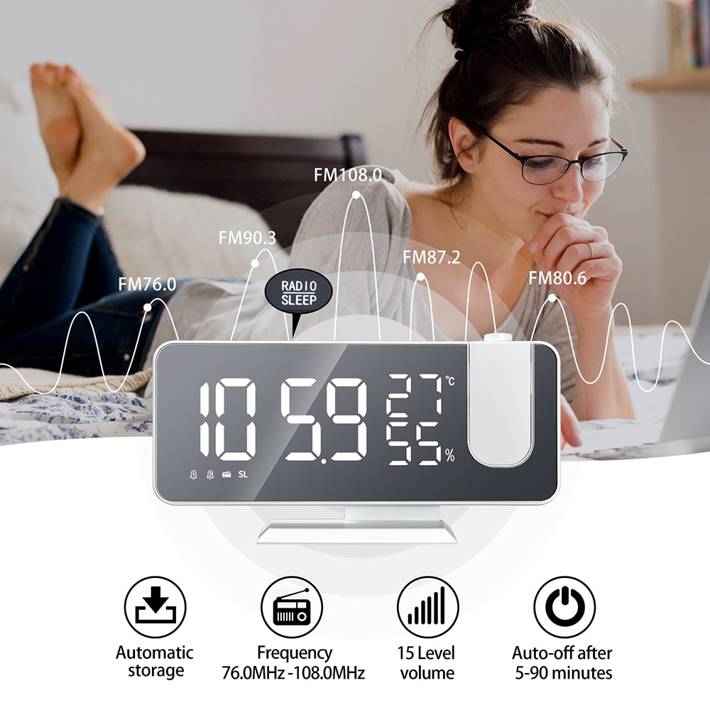 FM Radio LED Digital Smart Alarm Clock Watch Table Electronic Desktop Clocks USB Wake Up Clock with 180o Time Projection Snooze | Fugo Best