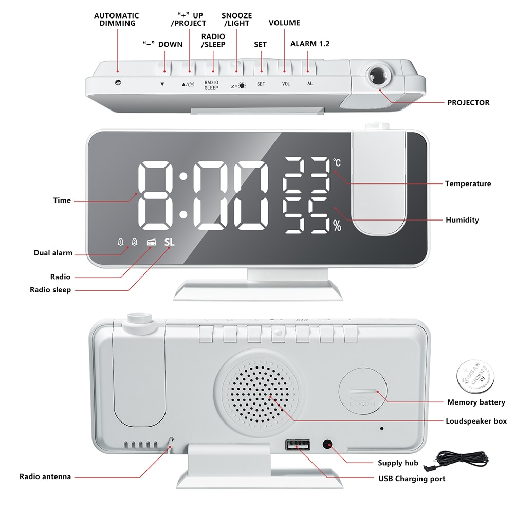 FM Radio LED Digital Smart Alarm Clock Watch Table Electronic Desktop Clocks USB Wake Up Clock with 180o Time Projection Snooze | Fugo Best