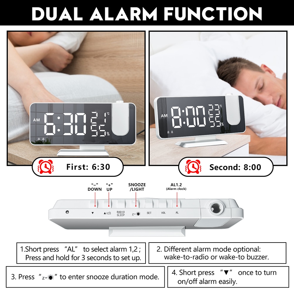 FM Radio LED Digital Smart Alarm Clock Watch Table Electronic Desktop Clocks USB Wake Up Clock with 180o Time Projection Snooze | Fugo Best