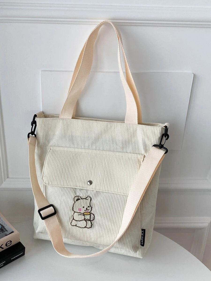 Cartoon Bear Embroidered Letter Patch Corduroy Shoulder Tote Bag | Fugo Best