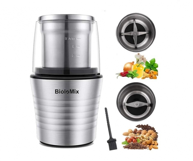 BioloMix 2-in-1 Wet and Dry Double Cups 300W Electric Spices and Coffee Bean Grinder Stainless Steel Body and Miller Blades | Fugo Best