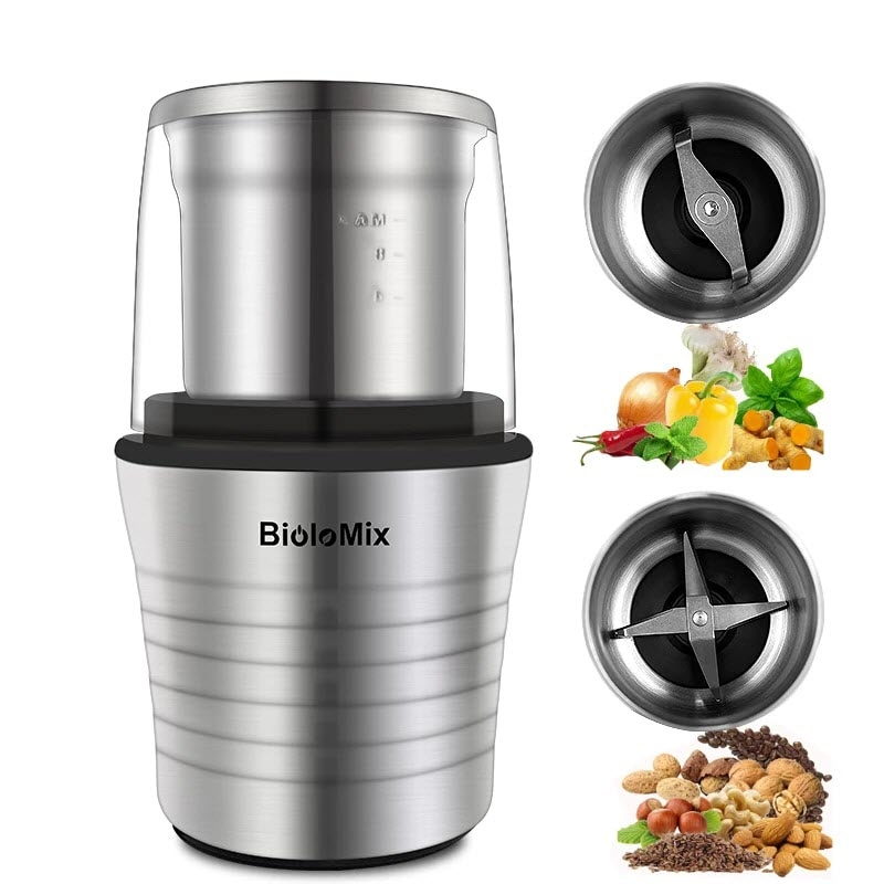 BioloMix 2-in-1 Wet and Dry Double Cups 300W Electric Spices and Coffee Bean Grinder Stainless Steel Body and Miller Blades | Fugo Best