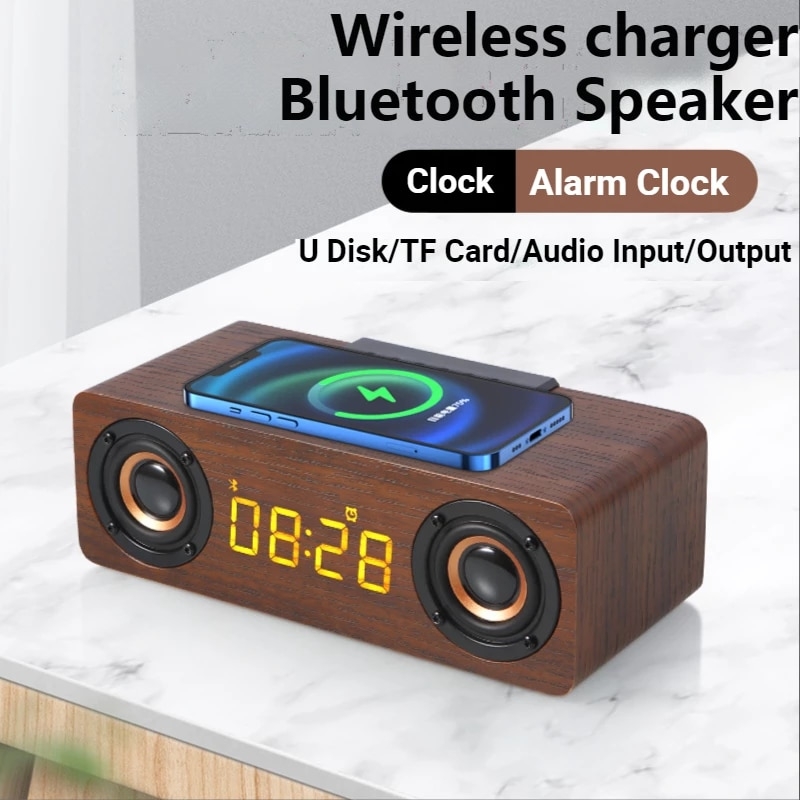 Fast Wireless Charger Wooden Wireless Bluetooth Speaker Alarm Clock with Subwoofer 3D Stereo boombox Sound bar for Computer TV | Fugo Best