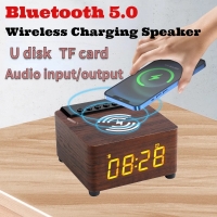 Alarm Clock Wooden Wireless Bluetooth 5.0 Speaker Fast Wireless Charger Surround 3D Stereo Boombox with Subwoofer Sound Box | Fugo Best